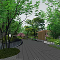 Garden Landscape Design With Lush Green Trees Wooden Pathways Pond And Rock Formations