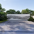 Modern Garden Landscape With Wavy Patterned Wall Lush Greenery And Paved Ground 3d model