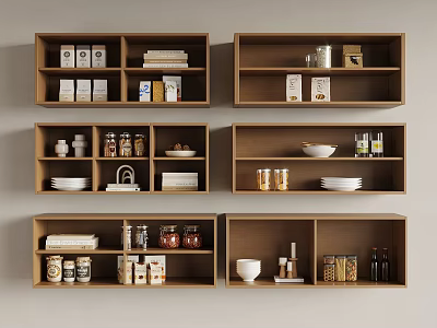 Wooden Wall Cabinets For Kitchen Storage With Jars Plates And Books 3d model