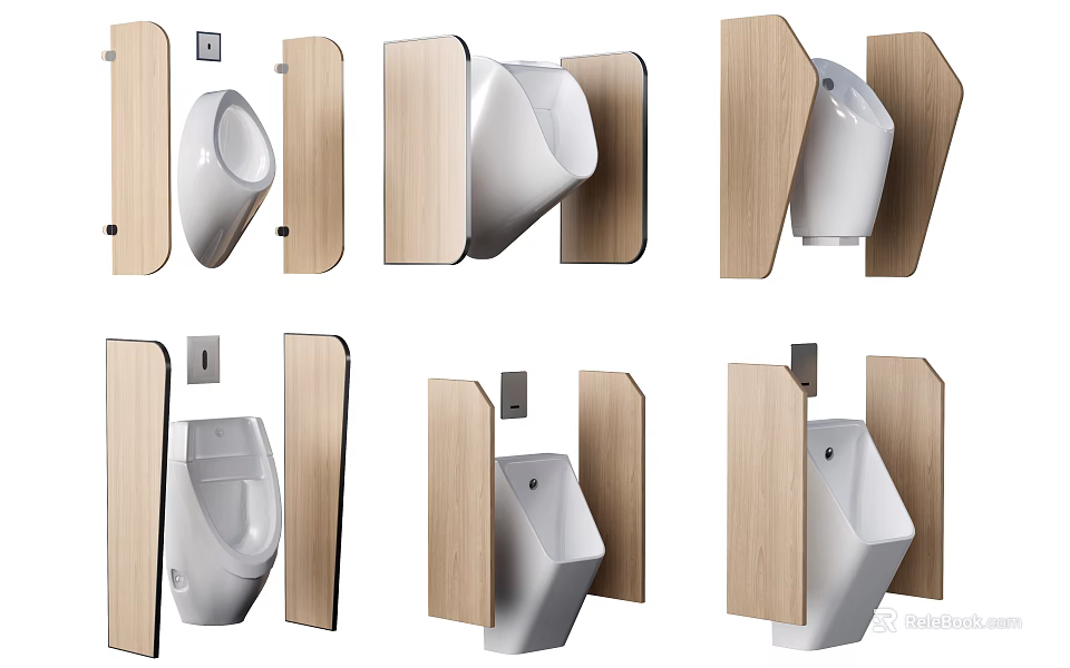 Modern Bathroom Fixture Set With Urinals And Wooden Partitions In Various Angles 3d model 