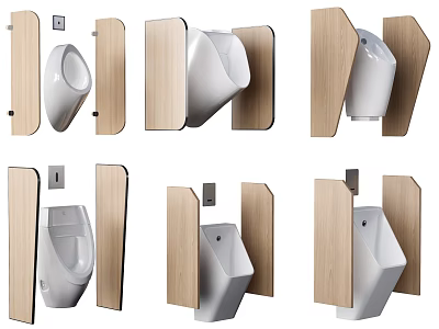 Modern Bathroom Fixture Set With Urinals And Wooden Partitions In Various Angles 3d model