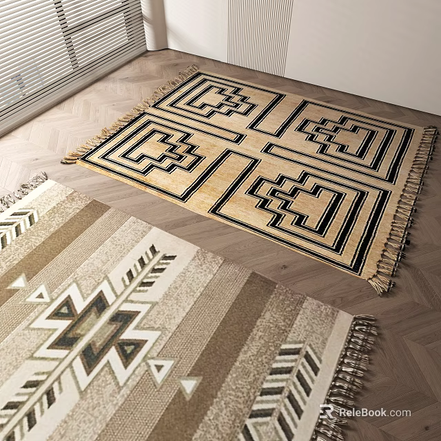 Square Area Rug With Geometric Patterns Fringe Details And Neutral Tones 3d model