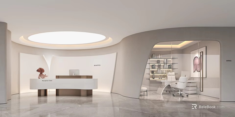 Modern Reception Desk Design With Circular Ceiling Light Curved Walls And Bookshelves Chair 3d model 