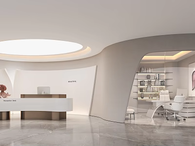 Modern Reception Desk Design With Circular Ceiling Light Curved Walls And Bookshelves Chair 3d model