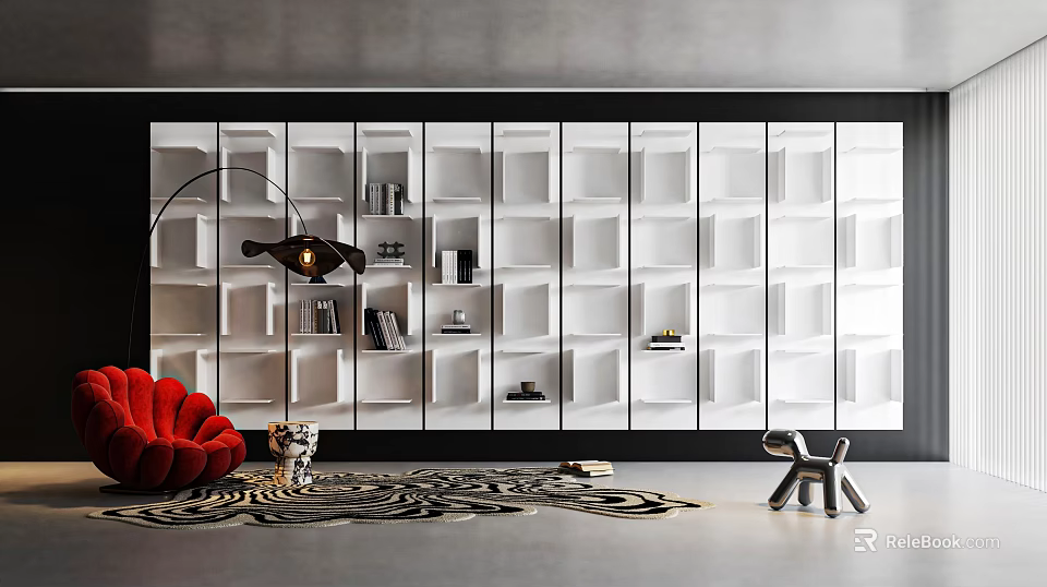Contemporary Decorative Cabinet with White Cubes Black Frame Red Sofa Zebra Rug and Decor Items 3d model 