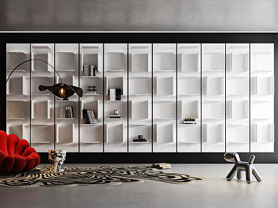 Contemporary Decorative Cabinet with White Cubes Black Frame Red Sofa Zebra Rug and Decor Items 3d model