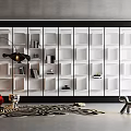 Contemporary Decorative Cabinet with White Cubes Black Frame Red Sofa Zebra Rug and Decor Items