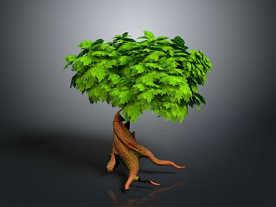 Vibrant Green Leafy Tree With Thick Brown Trunk And Exposed Roots 3d model