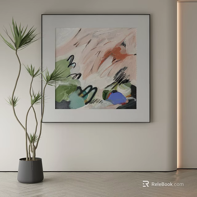 Abstract Painting Hanging on Light Wall with Pastel Green Blue Pink Strokes and Potted Plant 3d model 