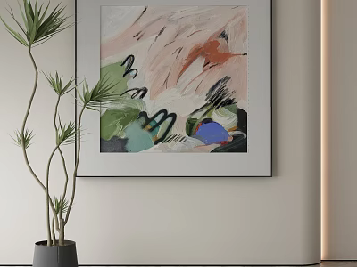 Abstract Painting Hanging on Light Wall with Pastel Green Blue Pink Strokes and Potted Plant 3d model
