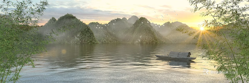 Peaceful Sunrise Lake Natural Landscape With Misty Green Hills Flying Birds And Small Wooden Boat 3d model 