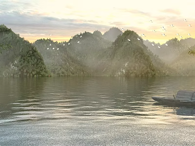 Peaceful Sunrise Lake Natural Landscape With Misty Green Hills Flying Birds And Small Wooden Boat 3d model