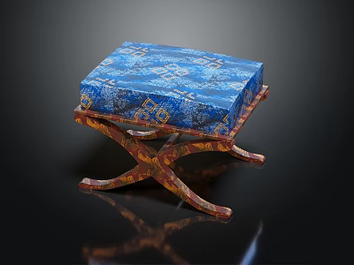 Elegant Blue Floral Patterned Ottoman with Brown Decorative Carved Wooden Legs 3d model
