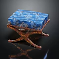 Elegant Blue Floral Patterned Ottoman with Brown Decorative Carved Wooden Legs