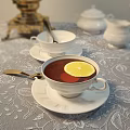 Traditional Tea Tableware Set With Silver Samovar White Porcelain Teapot Cups And Lemon