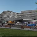 Modern Office Building With Glass Facade Green Lawn Trees Pedestrians Cars And Bicycle Near Street