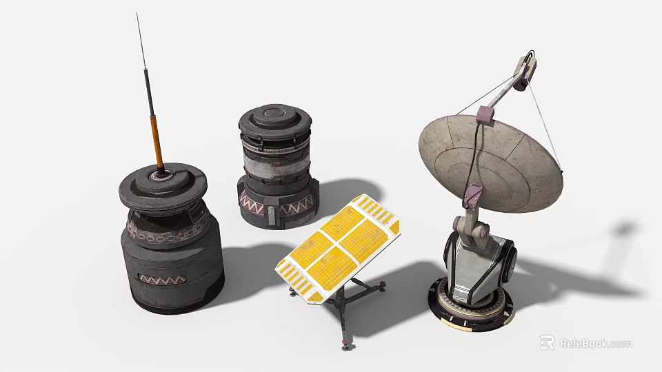 Industrial Equipment Featuring Cylindrical Structures Solar Panel Array And Parabolic Antenna 3d model 