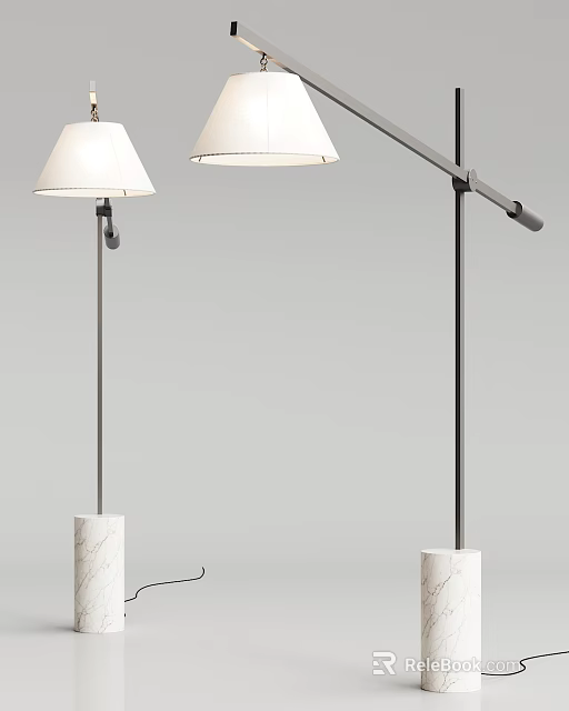 Two Modern Floor Lamps With White Lampshade Metal Pole And Marble Base 3d model 