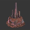 Cartoon Building Complex Scene With Round Base Tall Towers Red Tones And Checkerboard