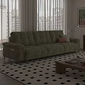 Green Sofa With Pillows And Wooden Coffee Table On Black White Geometric Rug