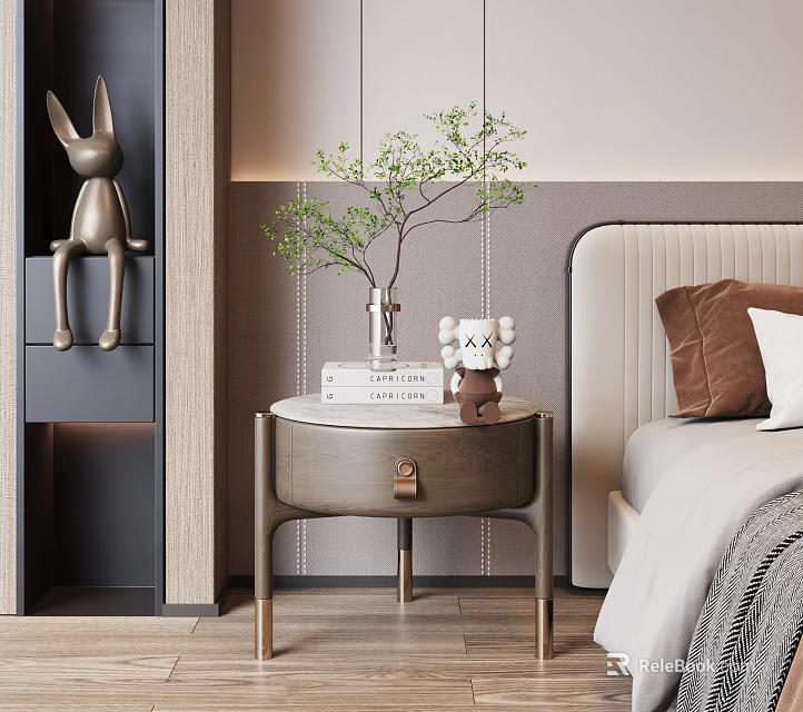 Elegant Entryway Console Table With Decorative Figurines Small Green Plant And Wooden Drawer 3d model 