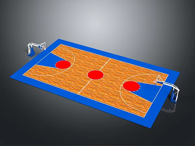3D Rendered Basketball Court With Wooden Floor Blue Border White Lines Red Circles And Hoops 3d model