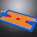 3D Rendered Basketball Court With Wooden Floor Blue Border White Lines Red Circles And Hoops