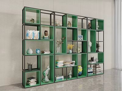 Green Open Shelving Unit with Books Decorative Items Vases and Sculptures 3d model
