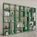 Green Open Shelving Unit with Books Decorative Items Vases and Sculptures