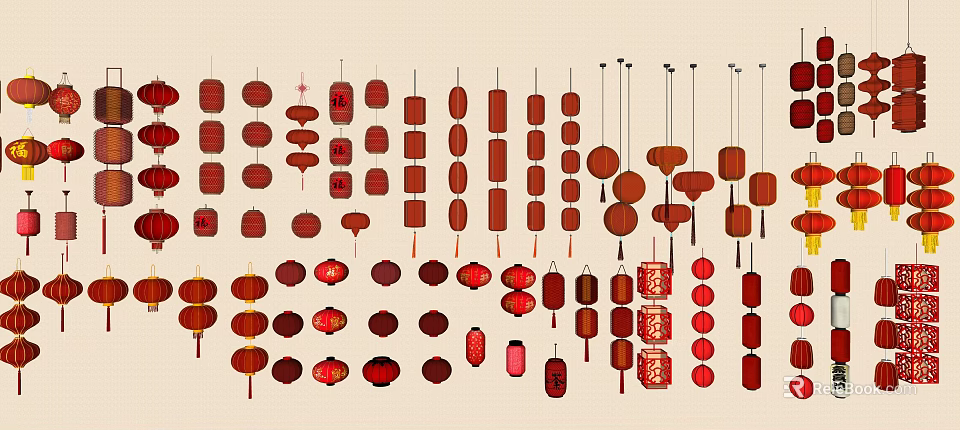 Traditional Chinese Lanterns With Various Shapes Red Hues And Ornamental Designs 3d model 