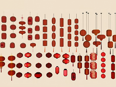 Traditional Chinese Lanterns With Various Shapes Red Hues And Ornamental Designs 3d model