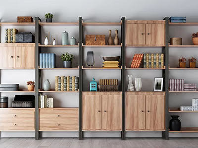 Modern Wooden Metal Frame Multi-layer Bookshelf With Books Decorations Green Plants Photo Frame Storage Baskets 3d model