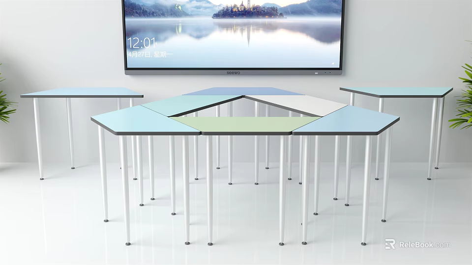 Modern Hexagonal Desks With Colorful Surfaces And Modular Design Setup 3d model