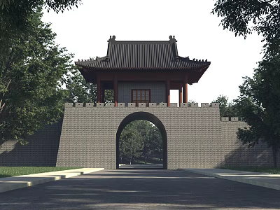 Ancient Chinese Architecture With Brick Wall Arched Gateway Curved Eaves Stone Pathway And Trees 3d model