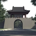 Ancient Chinese Architecture With Brick Wall Arched Gateway Curved Eaves Stone Pathway And Trees