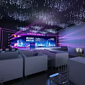 Elegant Stage Setup With Purple Pink Lighting Ceiling Decor Background Screen And Seating Area 3d model