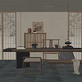Log Style Tea Room Tea Table and Chair Side Cabinet Screen Partition Bench 3d model