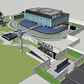 Modern Sales Office Building Design With Glass Curtain Wall Circular Driveway And Landscaped Gardens