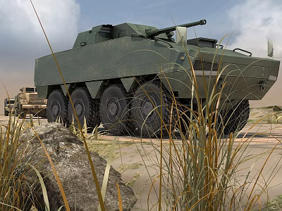 Green Military Wheeled Armored Vehicle With 8x8 Wheels In Desert Field Environment 3d model