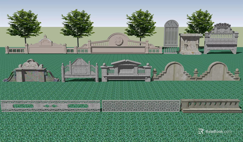 Various Decorative Stone Fences With Ornate Designs In Grassy Garden Setting 3d model 