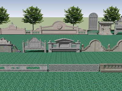 Various Decorative Stone Fences With Ornate Designs In Grassy Garden Setting 3d model