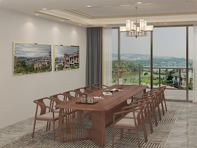 Classic Wooden Dining Table Set With Armchairs In Bright Room And Scenic View Through Windows 3d model