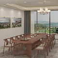 Classic Wooden Dining Table Set With Armchairs In Bright Room And Scenic View Through Windows