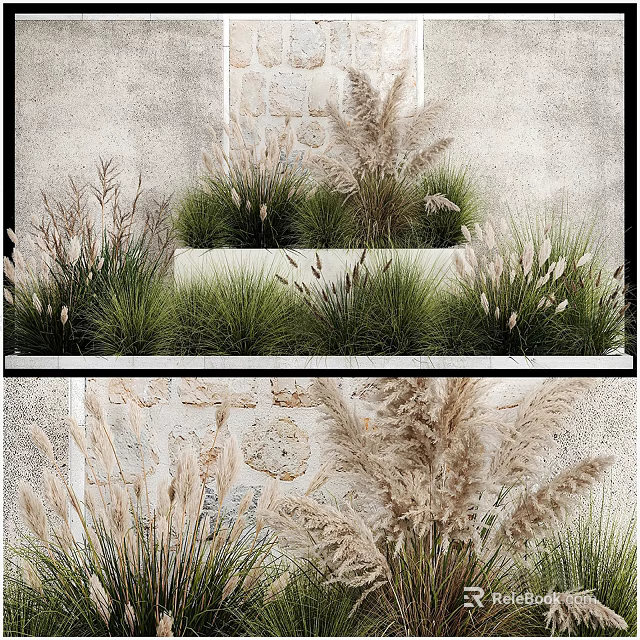 Modern Tiered Concrete Flower Pots With Ornamental Grasses For Wall Decoration 3d model 