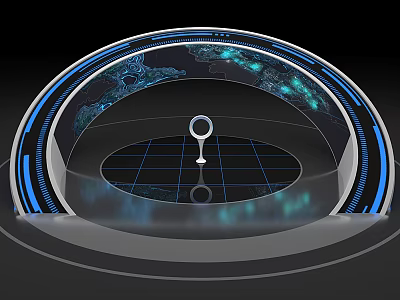 Futuristic Computer Interface With Holographic Blue Illuminated Circular Grid Platform And Interactive Tech Element 3d model