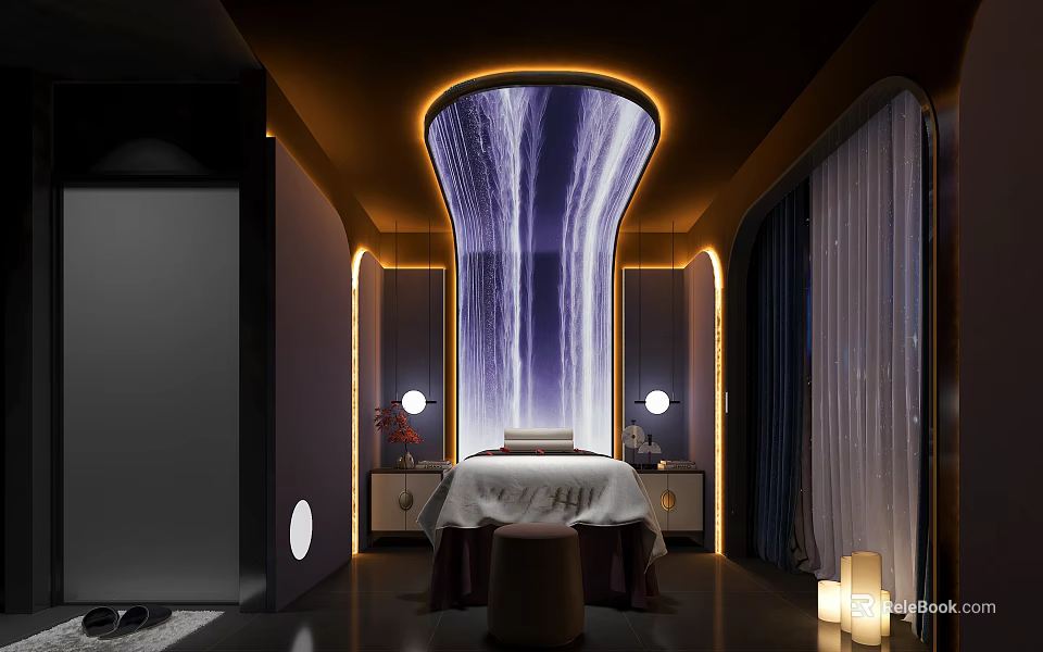 Modern Relaxing SPA Sauna Interior With Waterfall Projection Massage Bed And Ambient Lighting 3d model 