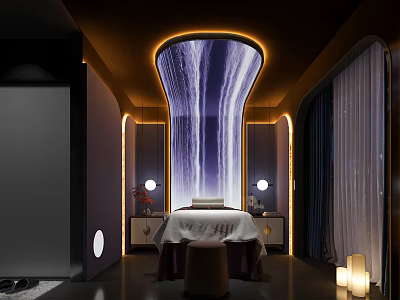 Modern Relaxing SPA Sauna Interior With Waterfall Projection Massage Bed And Ambient Lighting 3d model