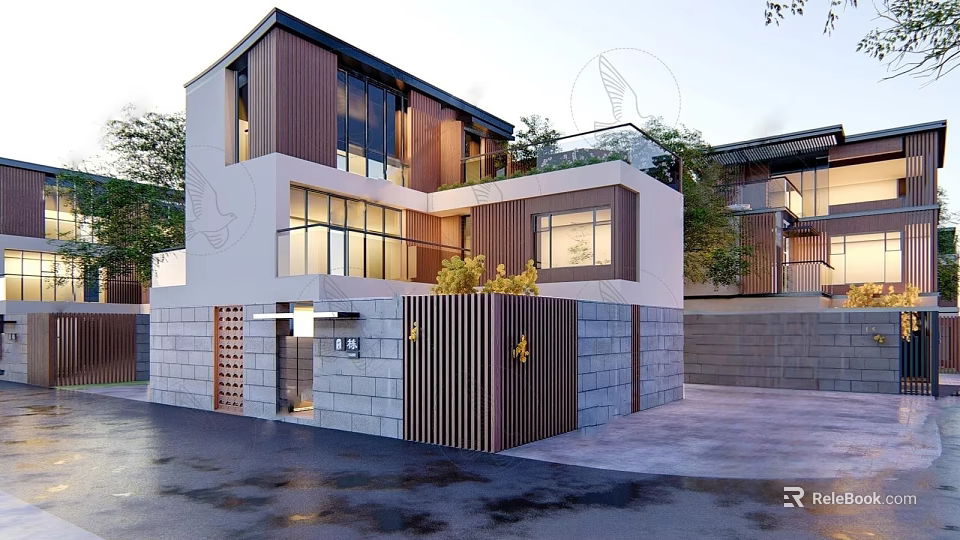 Modern Detached Villa Exterior Design With Wooden Panels Stone Walls And Large Windows 3d model 