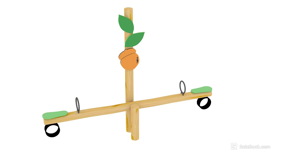 Wooden Playground Seesaw Equipment With Green Seats Leaf Decoration Orange Ball And Black Wheels 3d model 