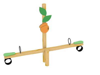 Wooden Playground Seesaw Equipment With Green Seats Leaf Decoration Orange Ball And Black Wheels 3d model